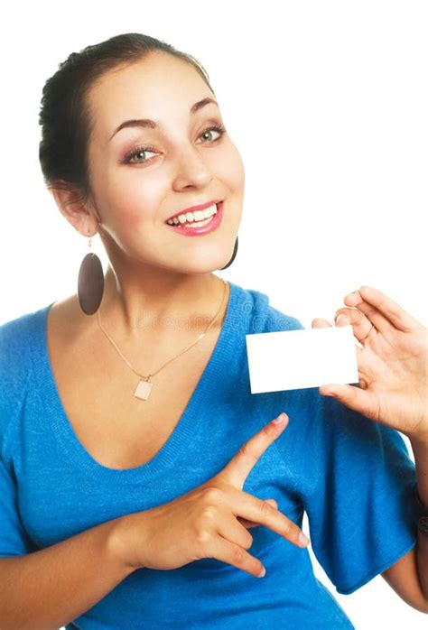 Woman Showing Us A Business Card Stock Photo Image Of Businesswoman