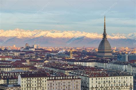 Torino Turin Italy Cityscape At Sunrise With Details Of The Mole