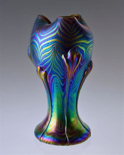 Bohemian Hand Blown Glass Art Nouveau Style Iridescent Art Glass Vase