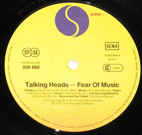 Talking Heads Fear Of Music 12 Lp Vinyl Album Cover Gallery
