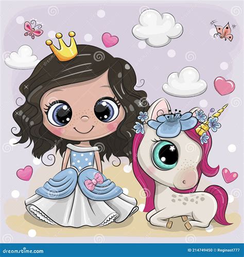 Cute Cartoon Fairy Tale Princess And Unicorn Stock Vector