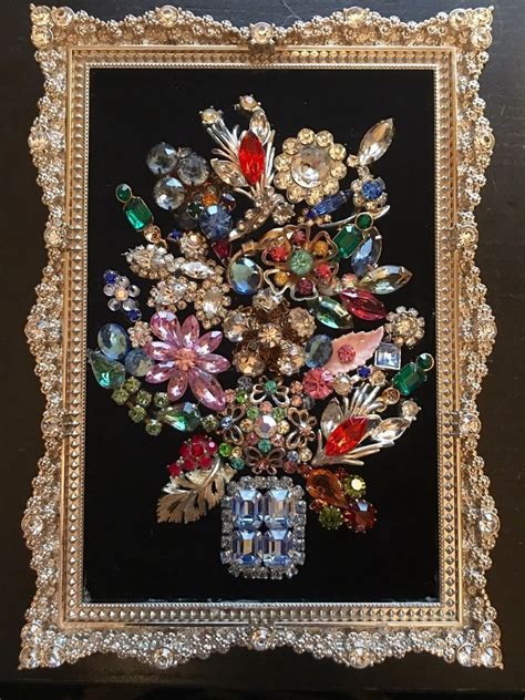 Vintage Jewelry Framed Art Not Christmas Tree Flower Arrangement W