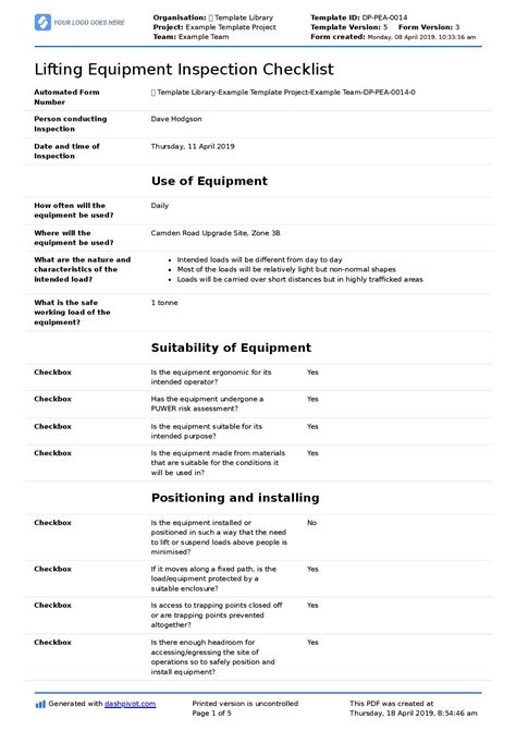 Rigging Equipment Inspection Form