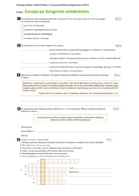 Sprawdzian Z Historii Klasa Dzia C Ziemie Polskie Po Kongresie Wiede C Skim