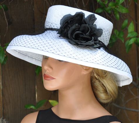 Wide Brim Hat Ladies Black And White Hat Formal Hat Audrey Hepburn Hat