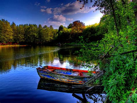 Boat In Mirrored Waters River Boat Peaceful Lonely Lake Summer