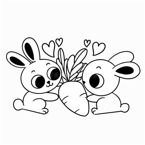 Adorable Bunny Couple Sharing Carrot Coloring Page Doodle Illustration