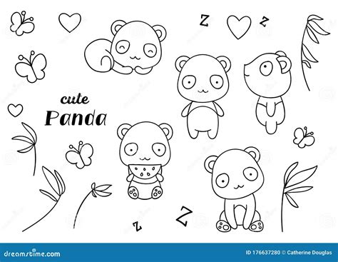 Coloring Pages Black And White Set Cute Kawaii Hand Drawn Panda