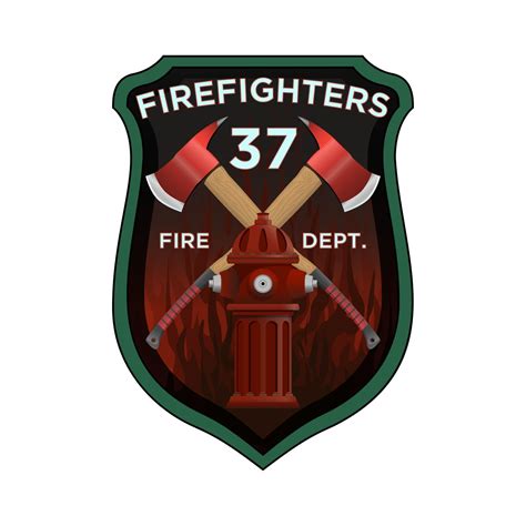 Firefighter Badge In Realistic Style Firefighter Axes And Hydrant On