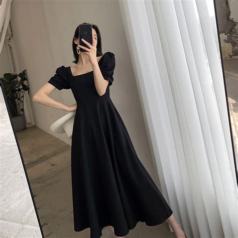 Korean One Piece Dress Womens Sweet Dresses 2020 Summer Chiffon Dress Square Collar Solid Color