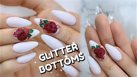 How To Glitter Bottom Nails Cjp Acrylic 3d Rose Youtube