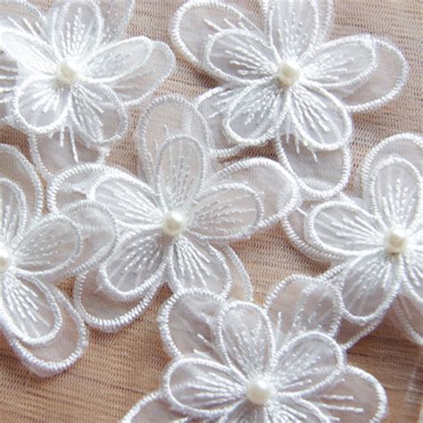 White Organza Embroidery Fabric Lace Patch Trim Clothes 3d Beading