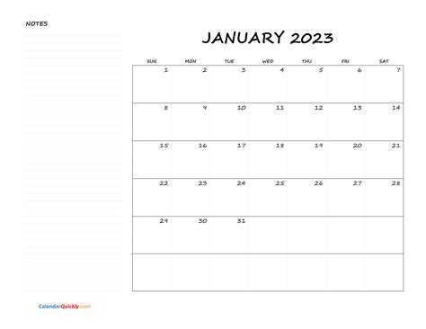 Monthly Blank Calendar 2023 With Notes Calendar Quickly