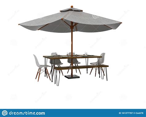 white umbrella  restaurant  central support  table  render  white background