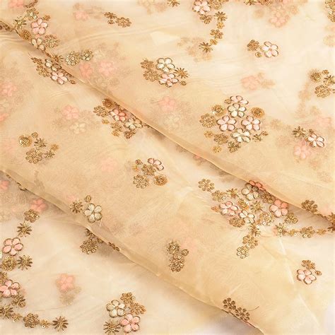 Cream and Golden Flower Embroidery Organza Fabric-51163 | Runfab