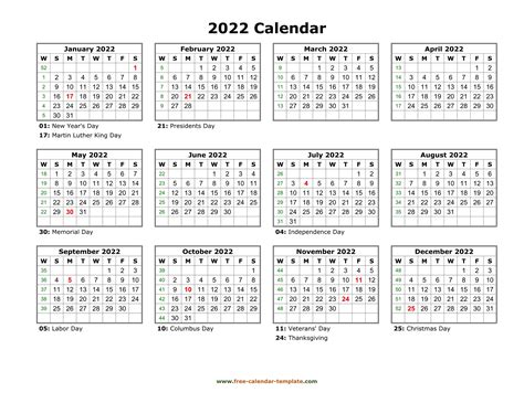 Printable Calendar With Holidays 2022 Free Letter Tem
