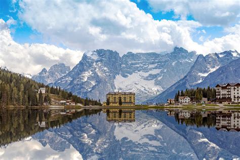 Reflection Of Lake Misurina In Italy Stock Image Image Of Mountain