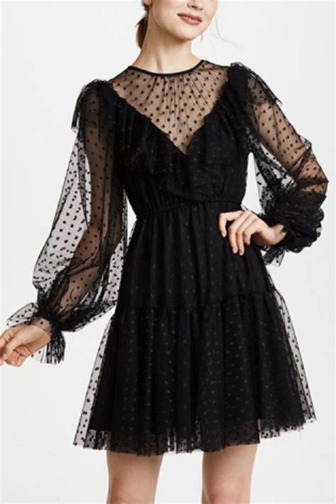 Women Black Sheer Mesh Polka Dot Puff Sleeve Chic A Line Dress S In 2020 Black Dress With