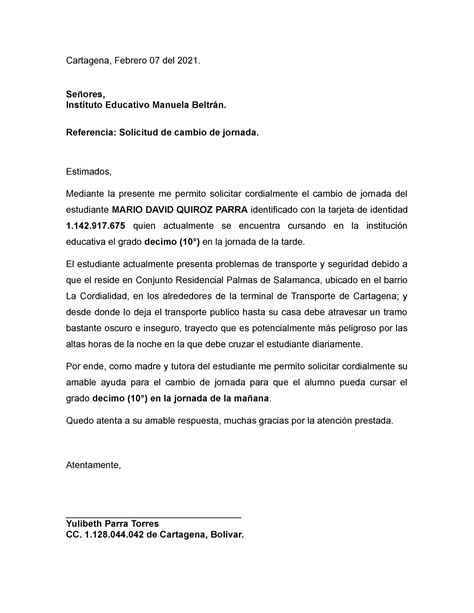 Carta Cambio De Jornada Mario David Cartagena Febrero 07 Del 2021