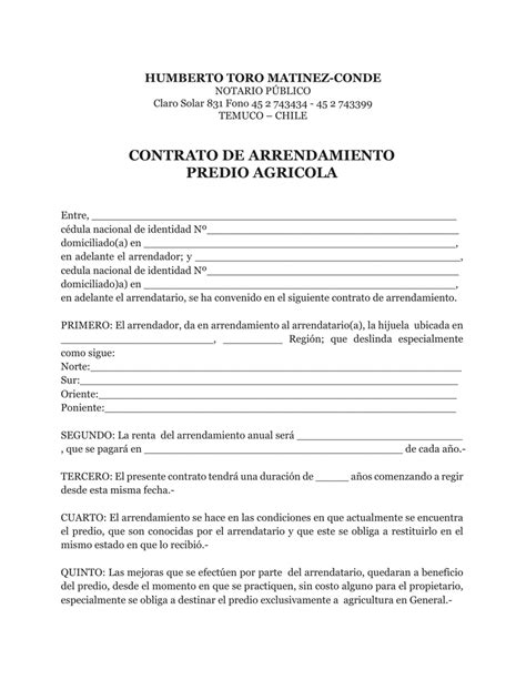 Contrato De Arrendamiento Predio Agricola