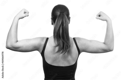 Muscular Bodybuilder Fitness Girl Flexing Her Biceps Muscles Stock