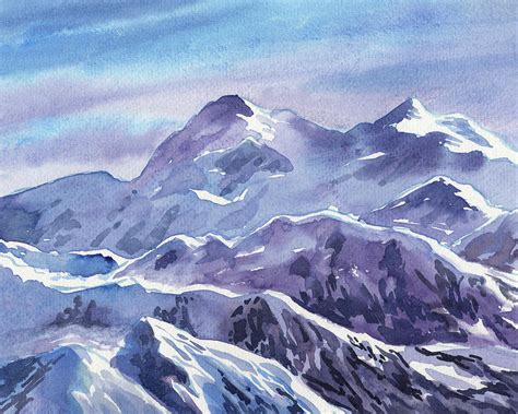 Snowy Mountains Landscape In Blue And Purple Watercolor Painting By