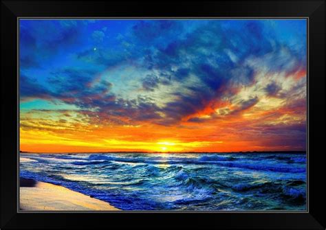 Orange Red Sunset Clouds Sea Waves Black Framed Art Print Ebay