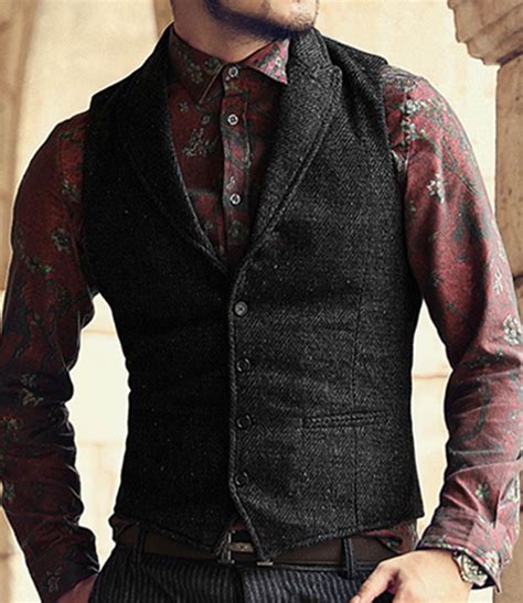 Mens Classic Suit Vest Herringbone Pattern Business Waistcoat Notch