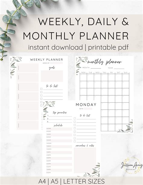 Daily Weekly Monthly Planner Printable Set Simple And Etsy
