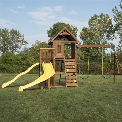 Swing N Slide Castlebrook Wooden Swing Set With Two Slides Climbing Wall And Swings