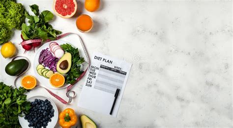 Diet Plan And Set Healthy Products Top View Copy Space Banner Stock