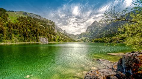 Nature Landscape Lake Mountain Forest Clouds Summer Emerald