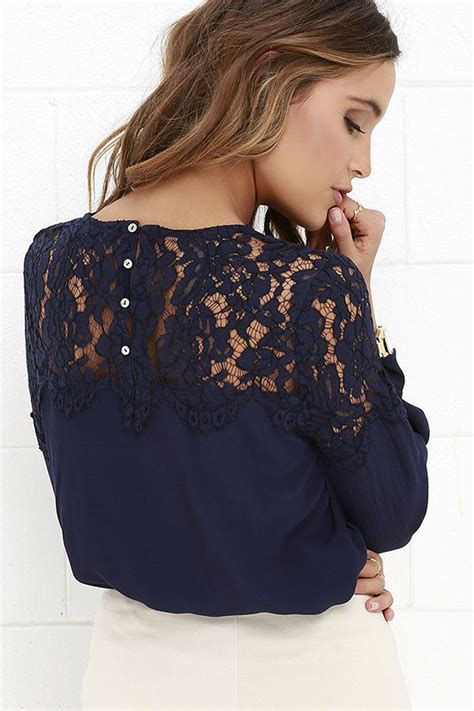 Picture This Navy Blue Long Sleeve Lace Top Lace Top Long Sleeve