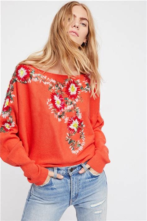 2022 autumn new flower embroidery pullovers bright orange color sweaters boho chic bat sleeve