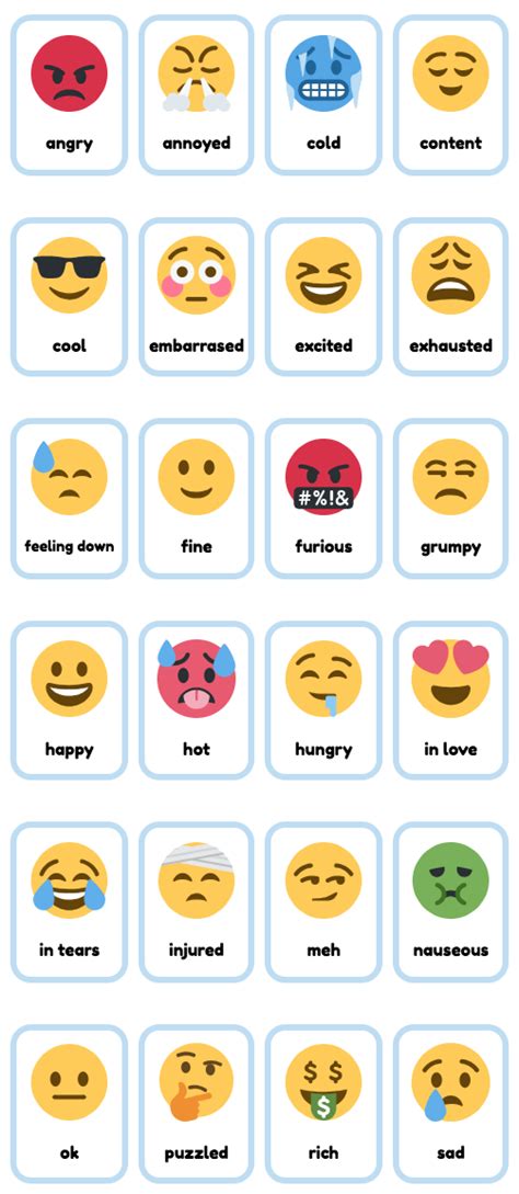 The feeling chart is a page that contains a short description in the form of an image and also a title that helps children and adults to understand feelings. Feelings Emoji Flashcards for ESL / English teaching. Free ...