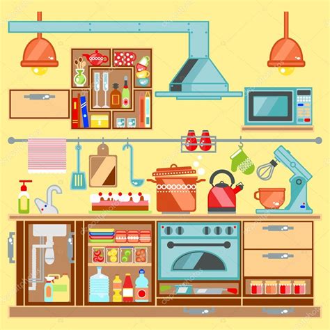 Kitchen interior witn wooden furniture cartoon kitchen interior witn furniture cartoon vector illustration. Kitchen interior. Kitchen with furniture. Kitchenware ...