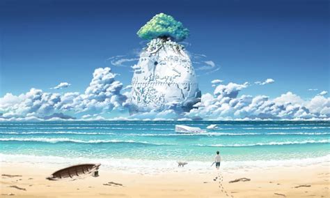 Фотография пляжи Море Фэнтези берег Фантастический мир облачно Anime scenery Castle in the