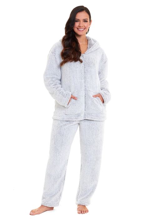 Womens Hooded Pyjamas Super Soft Fleece Plush Hooded Ladies Pjs Pyjama Set Ebay