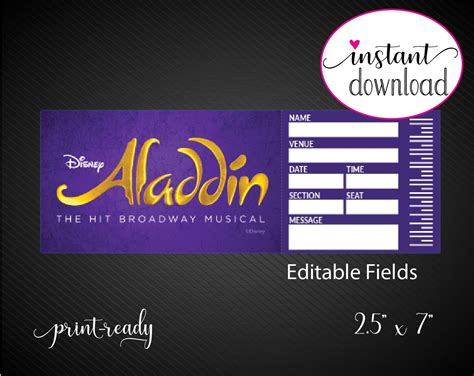 Printable Aladdin Broadway Surprise Ticket Editable Musical Etsy Ireland