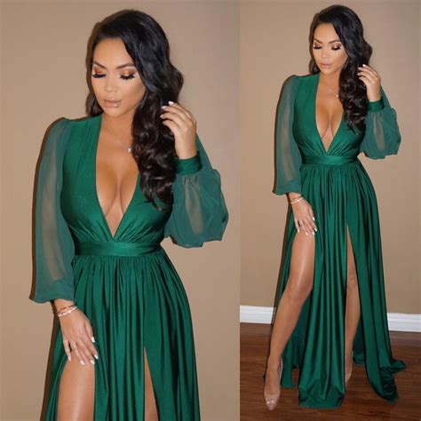 Emerald Green Evening Dresses With Long Sleeve Sexy V Neck Split Formal Wear For Women African