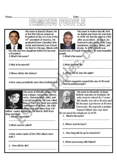 Famous People Esl Worksheet By Qtiebebe