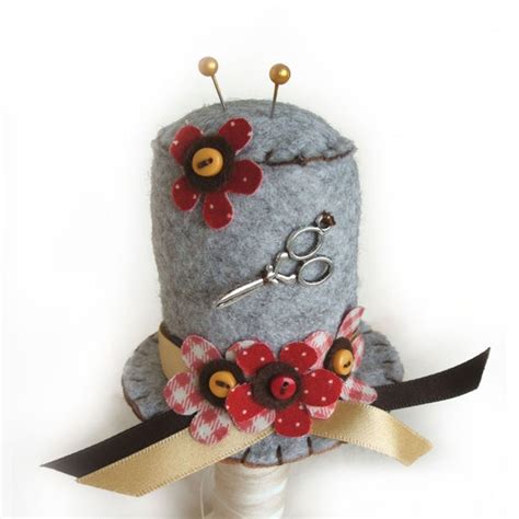 Items Similar To Sewing Pin Cushion Grey Felt Hat Pincushion With Red