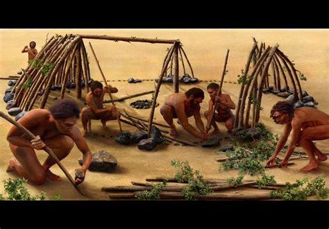 an artistic rendering of the construction of the earliest known hominin made shelter discovered