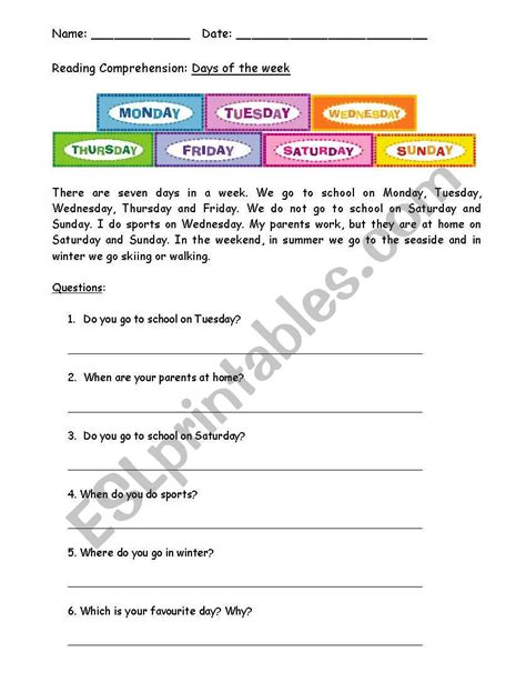 Days Of The Week Comprehension Esl Worksheet By Clare Baldacchino