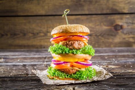 Double Decker Burger Made From Vegetables And Beef Stock Photo Image