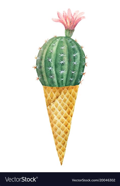 Watercolor Cactus In A Waffle Cone Isolated Vector Image