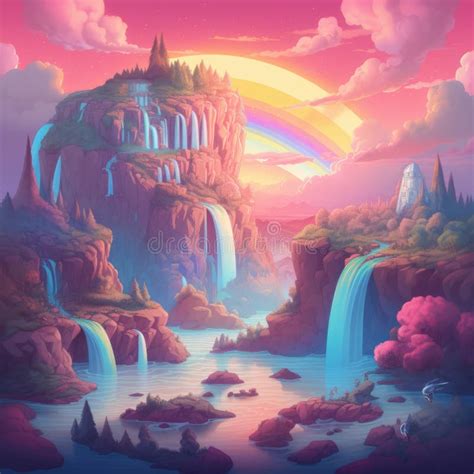 Fantasy Landscape With Rainbow Waterfalls And Mountains Created Using