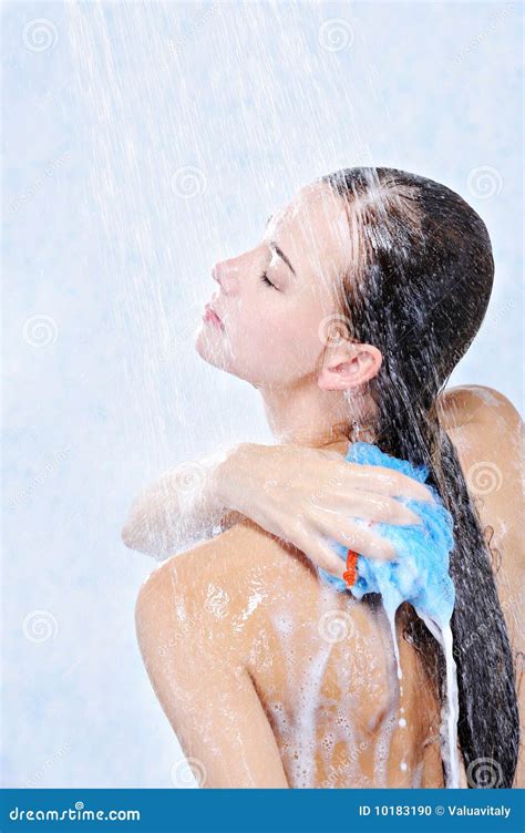 Woman Washing Her Body In A Shower Stock Photo Image Of Background Colored