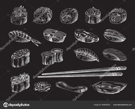 Chalk Sushi Pieces On Blackboard Sketch Engraving Vector Illustration