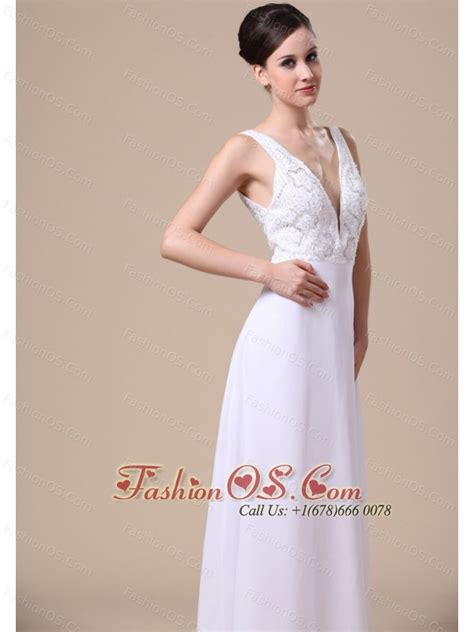 Elegant V Neck Empire Beading Chiffon Prom Dress White 114 52